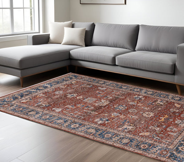 HomeRoots 4' Elegant Red Beige and Blue Oriental Area Rug with Fringe – Durable, Timeless Design for Any Space 9' X 13' 570925