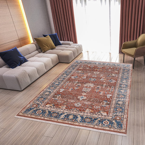 HomeRoots 4' Elegant Red Beige and Blue Oriental Area Rug with Fringe – Durable, Timeless Design for Any Space 9' X 13' 570925