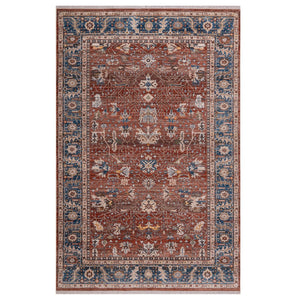 HomeRoots 4' Elegant Red Beige and Blue Oriental Area Rug with Fringe – Durable, Timeless Design for Any Space 9' X 13' 570925