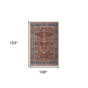 HomeRoots 4' Elegant Red Beige and Blue Oriental Area Rug with Fringe – Durable, Timeless Design for Any Space 9' X 13' 570925