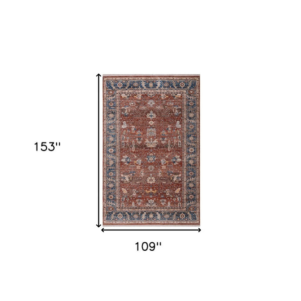 HomeRoots 4' Elegant Red Beige and Blue Oriental Area Rug with Fringe – Durable, Timeless Design for Any Space 9' X 13' 570925