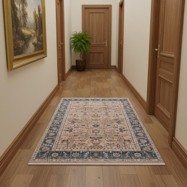 3x10 Oriental Runner Rug Teal Beige Fringe Polyester Low Pile Hallway Accent