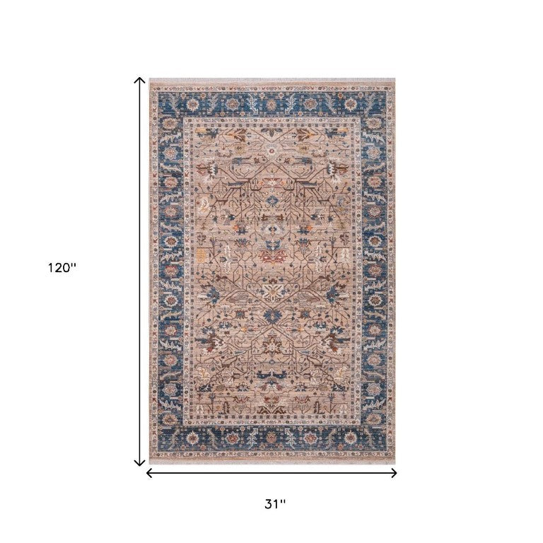 3x10 Oriental Runner Rug Teal Beige Fringe Polyester Low Pile Hallway Accent