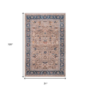 3x10 Oriental Runner Rug Teal Beige Fringe Polyester Low Pile Hallway Accent