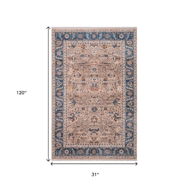 3x10 Oriental Runner Rug Teal Beige Fringe Polyester Low Pile Hallway Accent