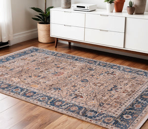 HomeRoots 4' Teal Brown and Beige Oriental Area Rug with Tasseled Fringe - Timeless Elegance for Any Space 4' X 5' 570927