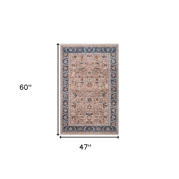 HomeRoots 4' Teal Brown and Beige Oriental Area Rug with Tasseled Fringe - Timeless Elegance for Any Space 4' X 5' 570927
