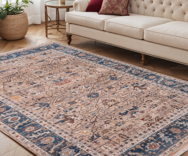 HomeRoots 4' Teal Brown and Beige Oriental Area Rug with Tasseled Fringe - Timeless Elegance for Any Space 5' X 8' 570928