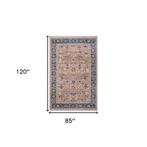 HomeRoots 4' Teal Brown and Beige Oriental Area Rug with Tasseled Fringe - Timeless Elegance for Any Space 7' X 10' 570929