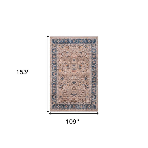 HomeRoots 4' Teal Brown and Beige Oriental Area Rug with Tasseled Fringe - Timeless Elegance for Any Space 9' X 13' 570930