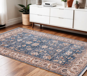 HomeRoots 4' Navy Blue Beige and Brown Oriental Area Rug with Fringe - Timeless Design for Any Room Decor 4' X 5' 570932