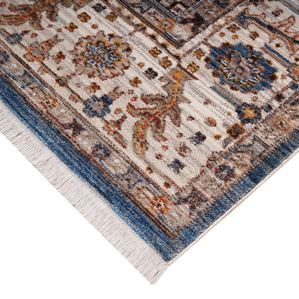 HomeRoots 4' Navy Blue Beige and Brown Oriental Area Rug with Fringe - Timeless Design for Any Room Decor 4' X 5' 570932