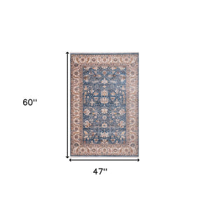 HomeRoots 4' Navy Blue Beige and Brown Oriental Area Rug with Fringe - Timeless Design for Any Room Decor 4' X 5' 570932