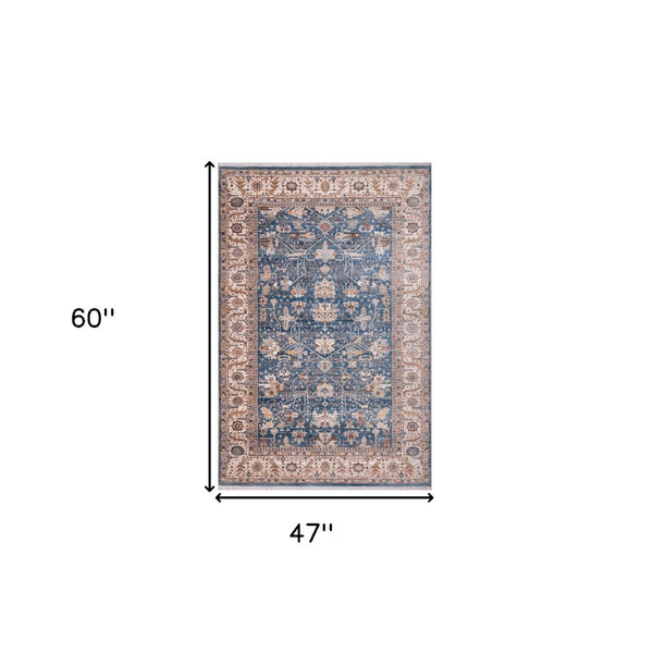 HomeRoots 4' Navy Blue Beige and Brown Oriental Area Rug with Fringe - Timeless Design for Any Room Decor 4' X 5' 570932