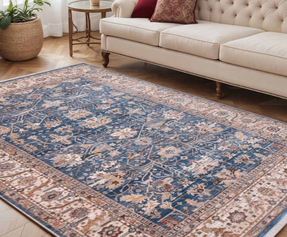 HomeRoots 4' Navy Blue Beige and Brown Oriental Area Rug with Fringe - Timeless Design for Any Room Decor 5' X 8' 570933