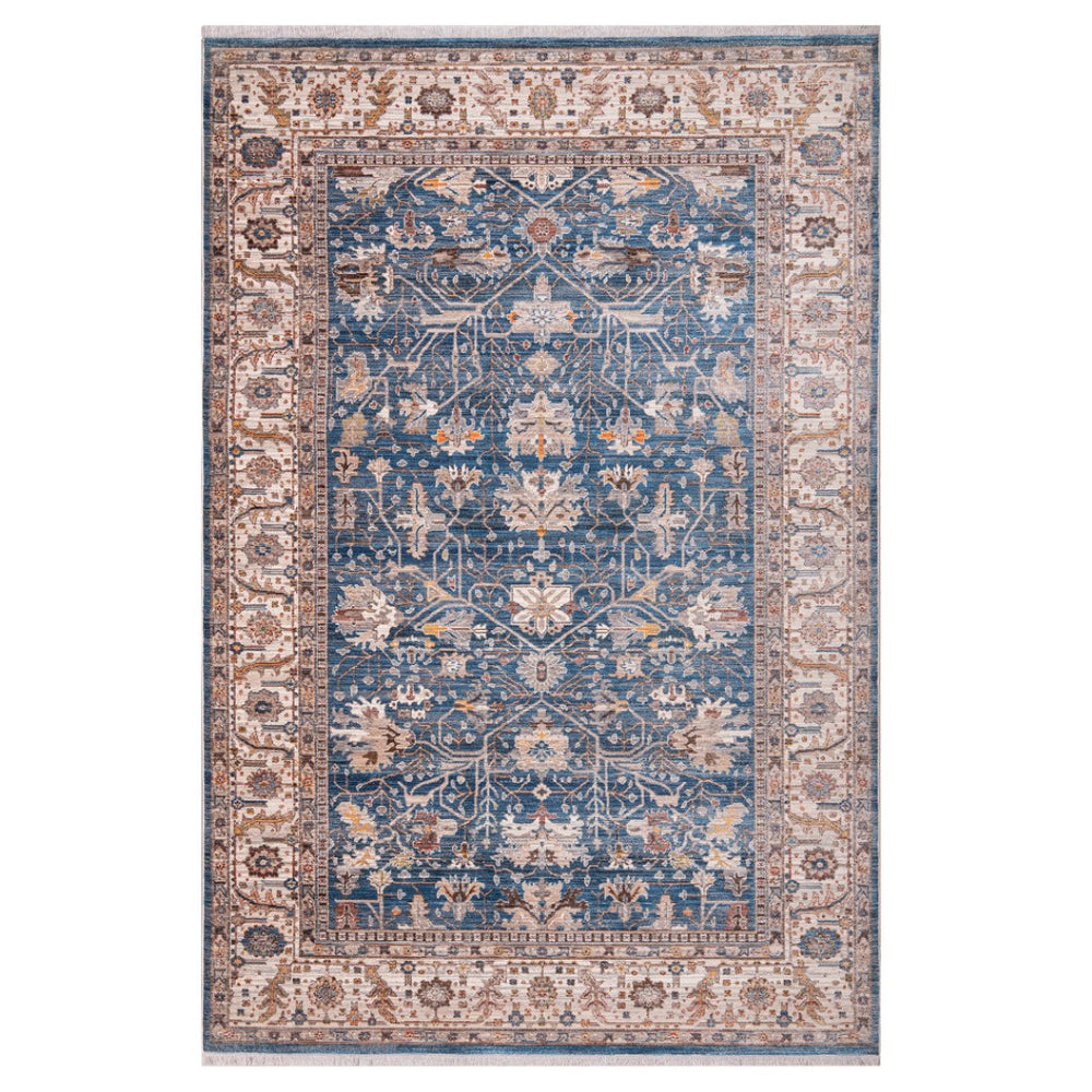 HomeRoots 4' Navy Blue Beige and Brown Oriental Area Rug with Fringe - Timeless Design for Any Room Decor 5' X 8' 570933