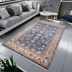 HomeRoots 4' Navy Blue Beige and Brown Oriental Area Rug with Fringe - Timeless Design for Any Room Decor 5' X 8' 570933