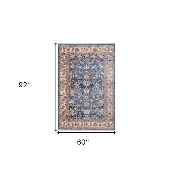 HomeRoots 4' Navy Blue Beige and Brown Oriental Area Rug with Fringe - Timeless Design for Any Room Decor 5' X 8' 570933