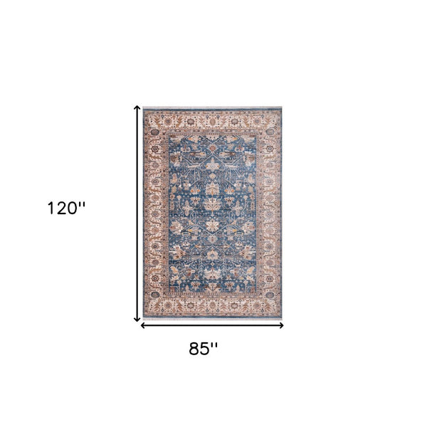 HomeRoots 4' Navy Blue Beige and Brown Oriental Area Rug with Fringe - Timeless Design for Any Room Decor 7' X 10' 570934