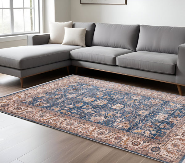 HomeRoots 4' Navy Blue Beige and Brown Oriental Area Rug with Fringe - Timeless Design for Any Room Decor 9' X 13' 570935