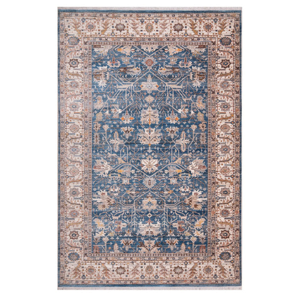 HomeRoots 4' Navy Blue Beige and Brown Oriental Area Rug with Fringe - Timeless Design for Any Room Decor 9' X 13' 570935