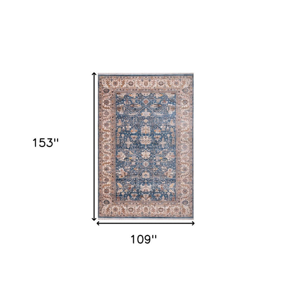 HomeRoots 4' Navy Blue Beige and Brown Oriental Area Rug with Fringe - Timeless Design for Any Room Decor 9' X 13' 570935
