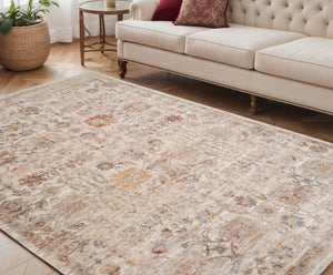 HomeRoots 5' Elegant Ivory and Brown Floral Medallion Area Rug with Fringed Edges - Stain-Resistant Comfort 5' X 7' 570936