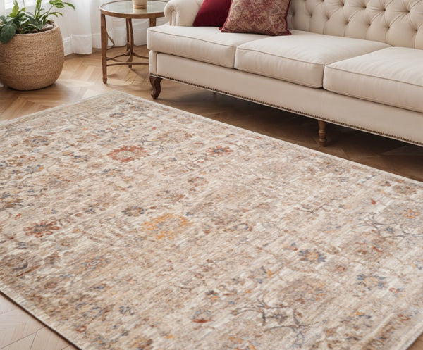 HomeRoots 5' Elegant Ivory and Brown Floral Medallion Area Rug with Fringed Edges - Stain-Resistant Comfort 5' X 7' 570936
