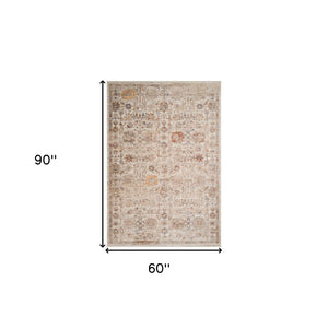 HomeRoots 5' Elegant Ivory and Brown Floral Medallion Area Rug with Fringed Edges - Stain-Resistant Comfort 5' X 7' 570936
