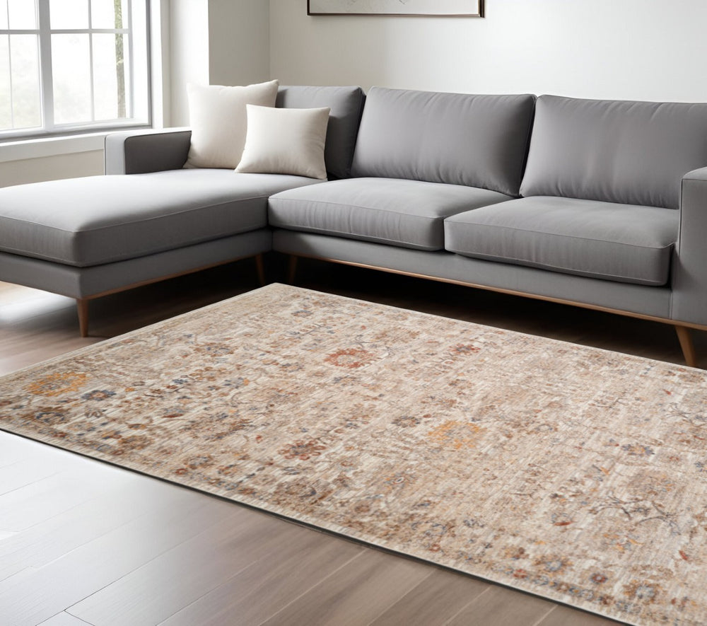 HomeRoots 5' Elegant Ivory and Brown Floral Medallion Area Rug with Fringed Edges - Stain-Resistant Comfort 8' X 10' 570937