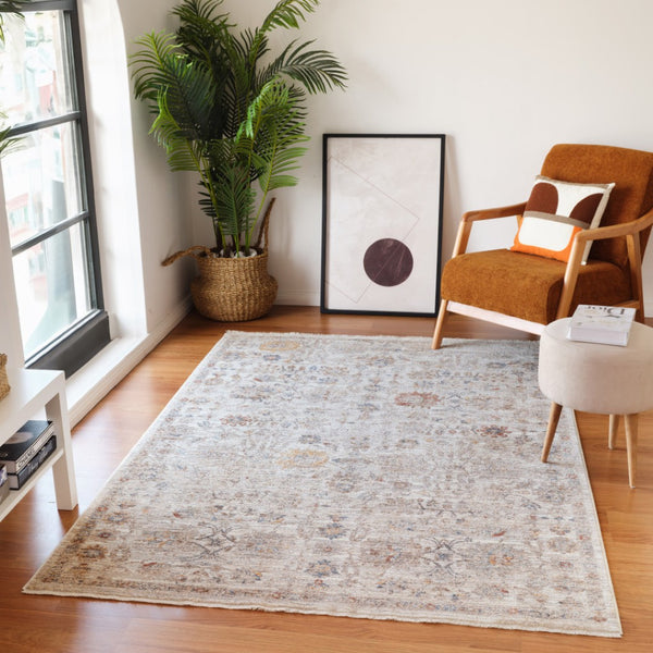 HomeRoots 5' Elegant Ivory and Brown Floral Medallion Area Rug with Fringed Edges - Stain-Resistant Comfort 9' X 12' 570938