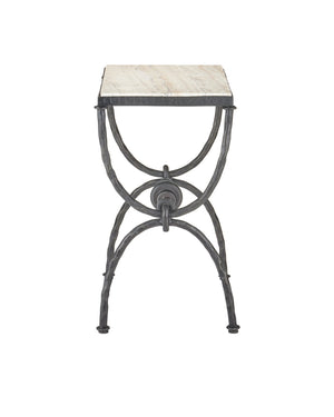 Currey & Company Agora White Travertine Side Table - Elegant Greek-inspired Design With Bronze Hourglass Legs & Veining Black White Travertine ,Wrought Iron 4000-0243-currey-company