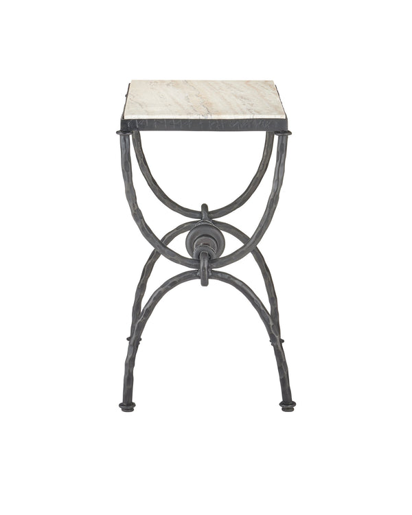 Currey & Company Agora White Travertine Side Table - Elegant Greek-inspired Design With Bronze Hourglass Legs & Veining Black White Travertine ,Wrought Iron 4000-0243-currey-company