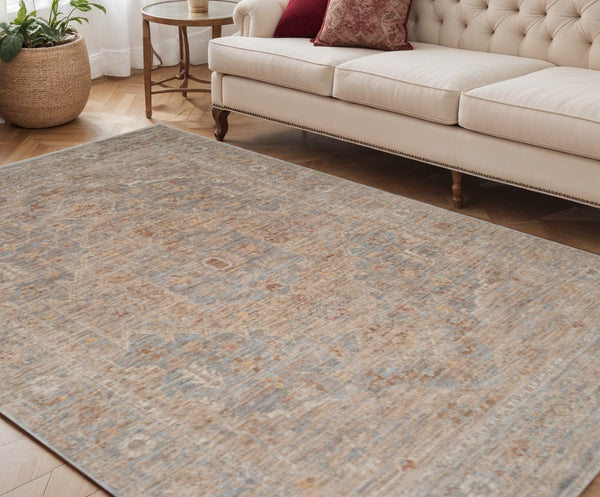 HomeRoots 5' Elegant Blue and Sand Floral Medallion Area Rug with Fringed Edges for Timeless Home Style 5' X 7' 570942