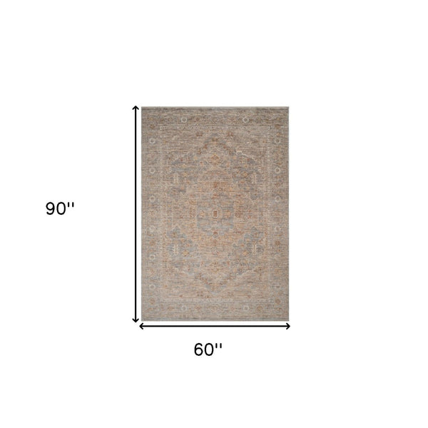 HomeRoots 5' Elegant Blue and Sand Floral Medallion Area Rug with Fringed Edges for Timeless Home Style 5' X 7' 570942