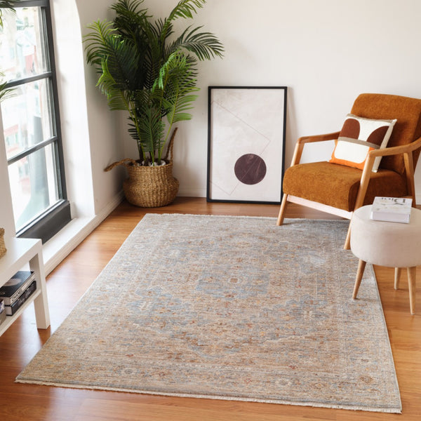 HomeRoots 5' Elegant Blue and Sand Floral Medallion Area Rug with Fringed Edges for Timeless Home Style 8' X 10' 570943