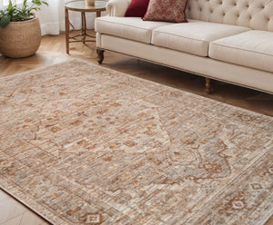 HomeRoots 5' Beige and Brown Floral Medallion Area Rug with Classic Fringed Edges - Perfect for Any Room! 5' X 7' 570948