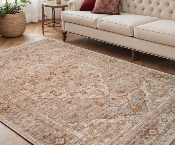 HomeRoots 5' Beige and Brown Floral Medallion Area Rug with Classic Fringed Edges - Perfect for Any Room! 5' X 7' 570948