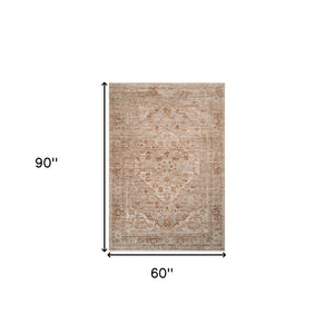 HomeRoots 5' Beige and Brown Floral Medallion Area Rug with Classic Fringed Edges - Perfect for Any Room! 5' X 7' 570948