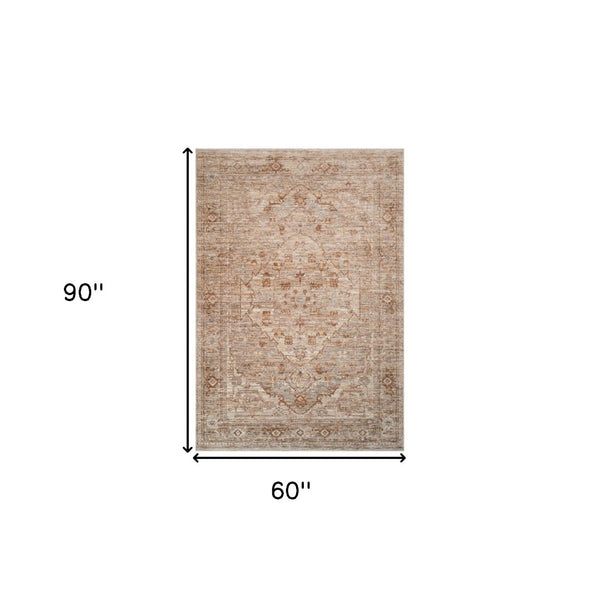 HomeRoots 5' Beige and Brown Floral Medallion Area Rug with Classic Fringed Edges - Perfect for Any Room! 5' X 7' 570948