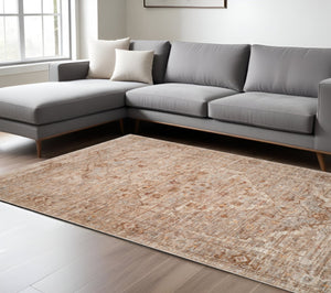 HomeRoots 5' Beige and Brown Floral Medallion Area Rug with Classic Fringed Edges - Perfect for Any Room! 8' X 10' 570949