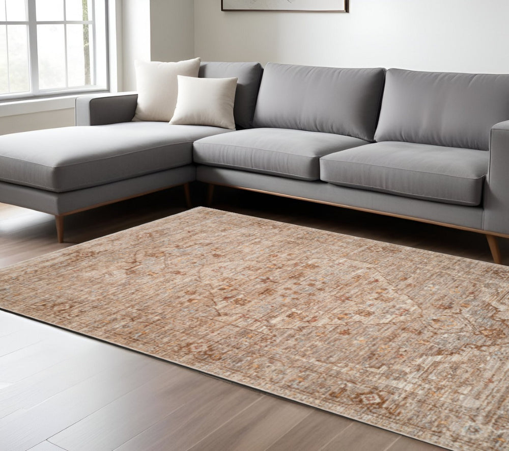 HomeRoots 5' Beige and Brown Floral Medallion Area Rug with Classic Fringed Edges - Perfect for Any Room! 9' X 12' 570950