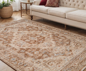 HomeRoots 5' Sand and Brown Floral Medallion Area Rug with Fringed Edges - Timeless Charm for Any Room 5' X 7' 570954