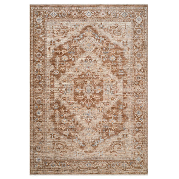 HomeRoots 5' Sand and Brown Floral Medallion Area Rug with Fringed Edges - Timeless Charm for Any Room 5' X 7' 570954
