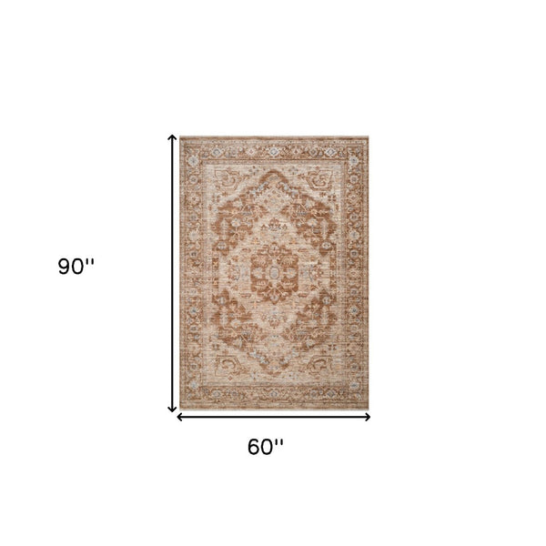 HomeRoots 5' Sand and Brown Floral Medallion Area Rug with Fringed Edges - Timeless Charm for Any Room 5' X 7' 570954