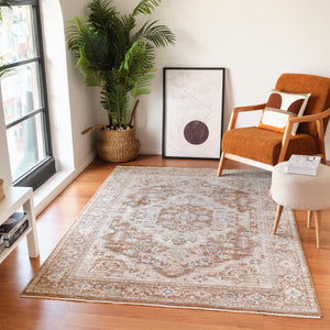 HomeRoots 5' Sand and Brown Floral Medallion Area Rug with Fringed Edges - Timeless Charm for Any Room 8' X 10' 570955