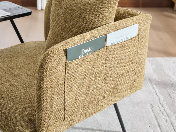 English Elm Leisure Linen Accent Chair with Built-in Side Table Pockets and Lumbar Pillow Modern Yellow W395P453313