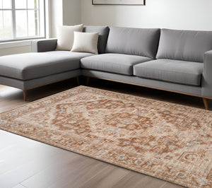 HomeRoots 5' Sand and Brown Floral Medallion Area Rug with Fringed Edges - Timeless Charm for Any Room 9' X 12' 570956