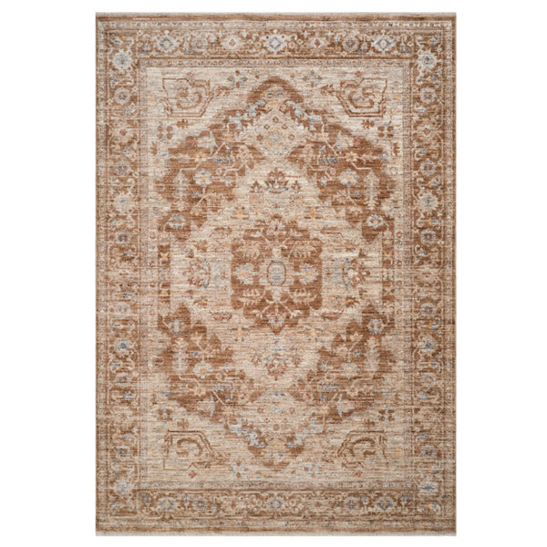 HomeRoots 5' Sand and Brown Floral Medallion Area Rug with Fringed Edges - Timeless Charm for Any Room 9' X 12' 570956