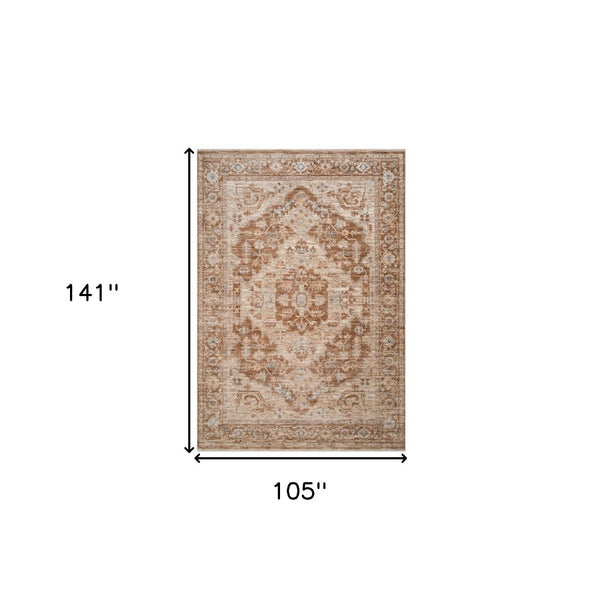 HomeRoots 5' Sand and Brown Floral Medallion Area Rug with Fringed Edges - Timeless Charm for Any Room 9' X 12' 570956